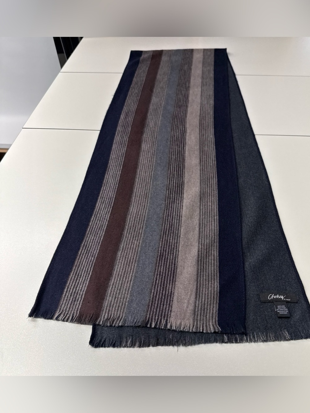 Chelsey By Joseph Men’s Scarf Striped‎ Silk Fleece Gray Fringe 12"x72" Preppy